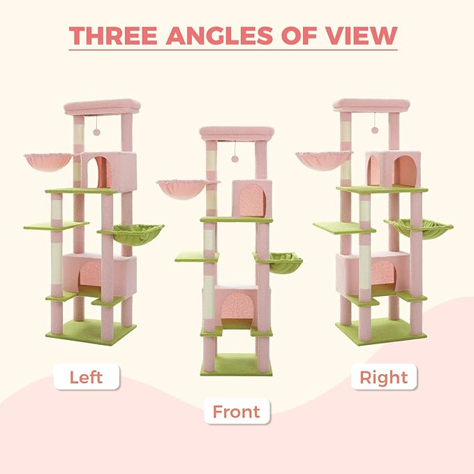PEQULTI 66" Cat Tree for Indoor Cats, Tall Cat Tower for Large Cats with Scratching Post, Super Large Metal Hammock[20''X12''] and 2 Big Condos, Pink