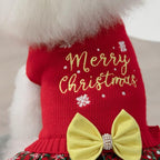 CuteBone Christmas Dog Sweater Dress Turtleneck Puppy Sweater with Bowtie Harness Hole Pullover Winter Dress for Medium Dogs