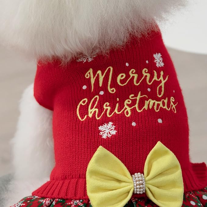 CuteBone Christmas Dog Sweater Dress Turtleneck Puppy Sweater with Bowtie Harness Hole Pullover Winter Dress for Medium Dogs