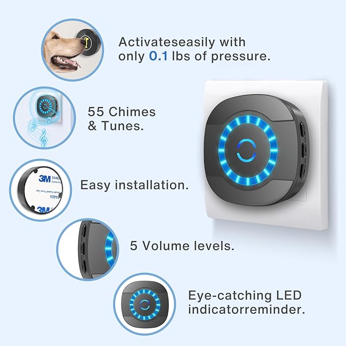 Dog Door Bell, Dog Bell for Training Doggie Door Bell for Dog Puppy Training Sliding Door/Go Outside Doorbell and Waterproof Touch Button