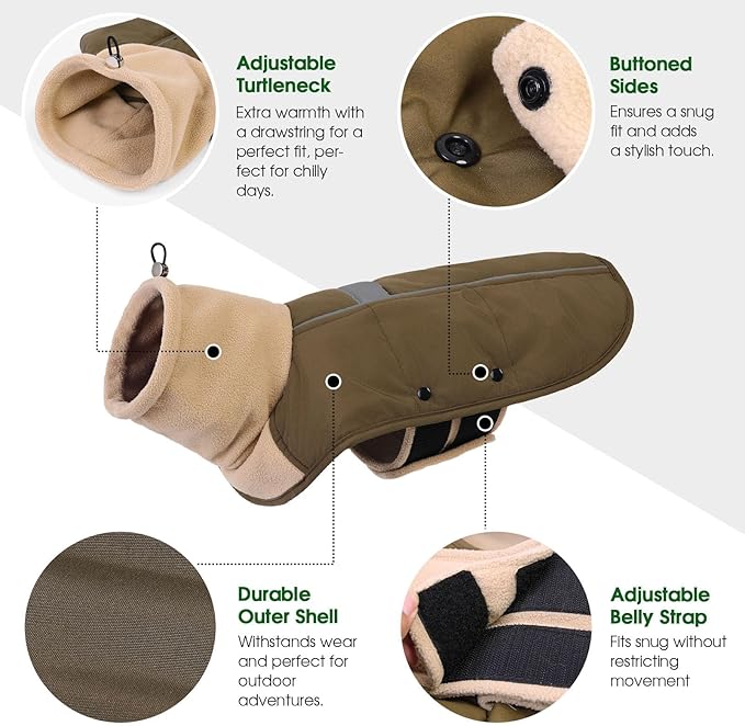 ASENKU Dog Coat, Dog Winter Jackets with Fleece Turtleneck, Windproof, Reflective Pet Snow Jacket for Cold Weather, Coats for Extra Large Size Dogs Army Green, XXXL