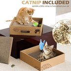 Cat Scratcher Box with 3 PCS Scratching Pads, Reversible Corrugated Cardboard Lounge Bed with Feather Toy and Balls Recyclable Cat Scratcher Cardboard for Indoor Cats