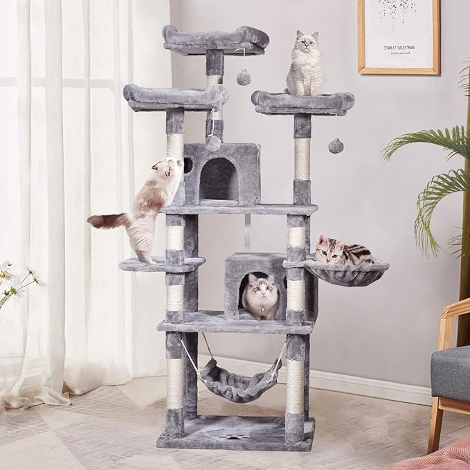 MQ Multi-Level Cat Tree, Activity Centre Cat Tower Furniture with Sisal-Covered Scratching Posts, 3 Padded Plush Perches, Dual Condo & Basket, Removable Hammock, for Large Cats, Grey