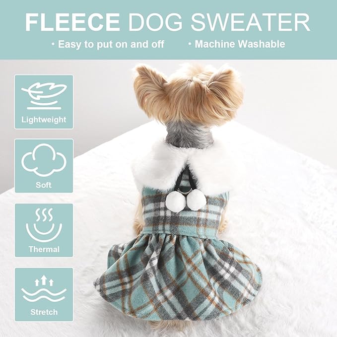 Dog Sweater with Leash Set Plaid Fleece Dog Clothes for Small Dogs Girl Boy Winter Pet Dress Cold Weather Coat Fall Sweater for Chihuahua Yorkie Cat Puppy Costumes (Turquoise, X-Small)
