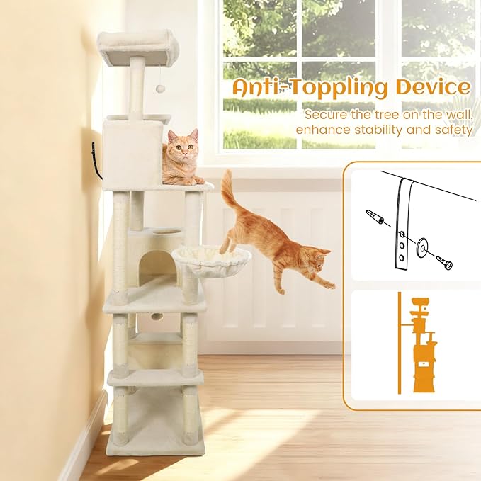Tangkula 80 Inch Tall Cat Tree, Multi-Level Cat Tower with Sisal Scratching Posts, 2 Condos, Plush Perch, Hammock, Basket, Dangling Toys, Cat Climbing Furniture for Indoor Cats (Beige)