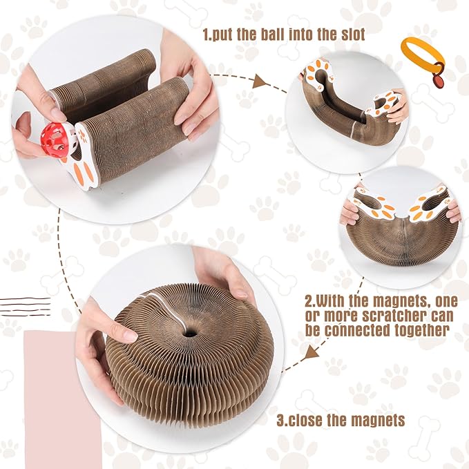Soulchen 2 Pcs Magic Organ Cat Scratching Board, Combinable Cats Toy for Adult Pets, Interactive Cardboard Kitten Scratcher with Bell Ball, Durable Foldable Accordion Scratch Pad (Cat Paw)