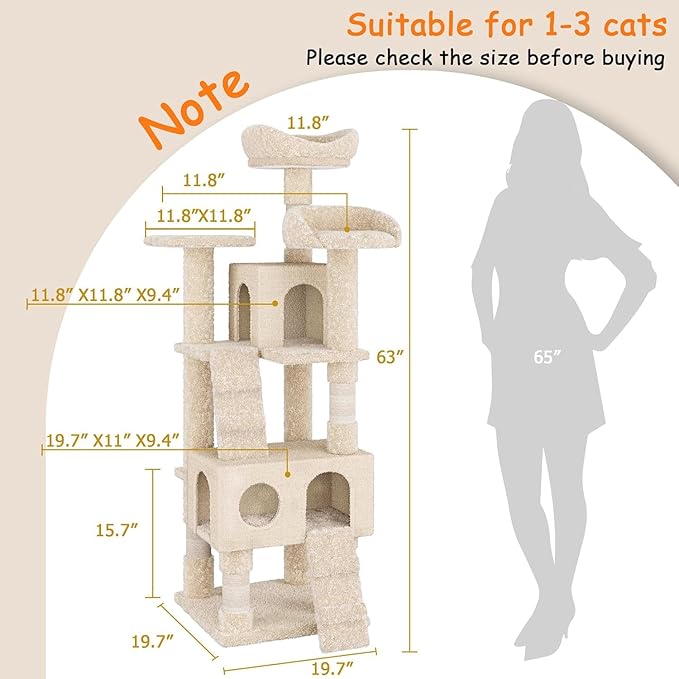 63 Inches Multi-Level Cat Tree Tower with Condo, Plush Perches, Scratching Posts, Hammocks, and Play House, Beige