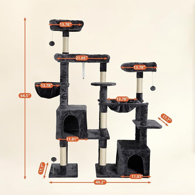 Indoor Cat Tree for Large Cats, 64.5 Inch Multi-Cat Cat Tree, Includes 3 Perches, 2 Cat Beds, 2 Hanging Baskets, Ideal for Multiple Cats to Play (Grey)