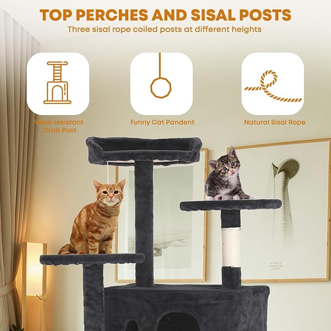 54in Cat Tree Tower for Indoor Cats, Cat Tower with Cat Scratching Post, Multi-Level Cat Furniture, Cat Tower with Funny Toys for Kittens-Dark Gray