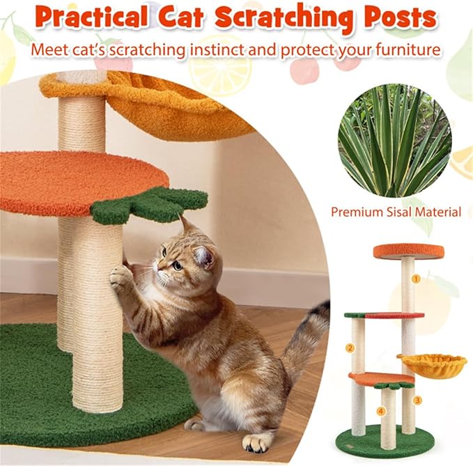 Fruit-Themed Cat Tree | Multi-Storey Cat Apartment + Rotating Hammock | Sisal Grab Pole | Teddy Plush Cat Bed | 39-Inch Pet Activity Center