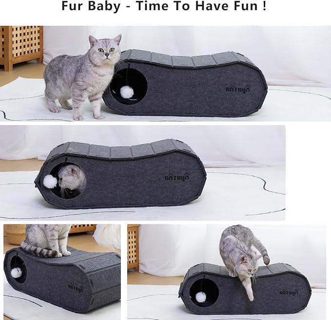 NATUYA Cat Bed Cave for Indoor Cats, Large Cat Lounge Cave Bed with Toy Ball, Enclosed Scratch Resistant Detachable Felt Cat Hideaway Bed for Cats up to 22 Lbs