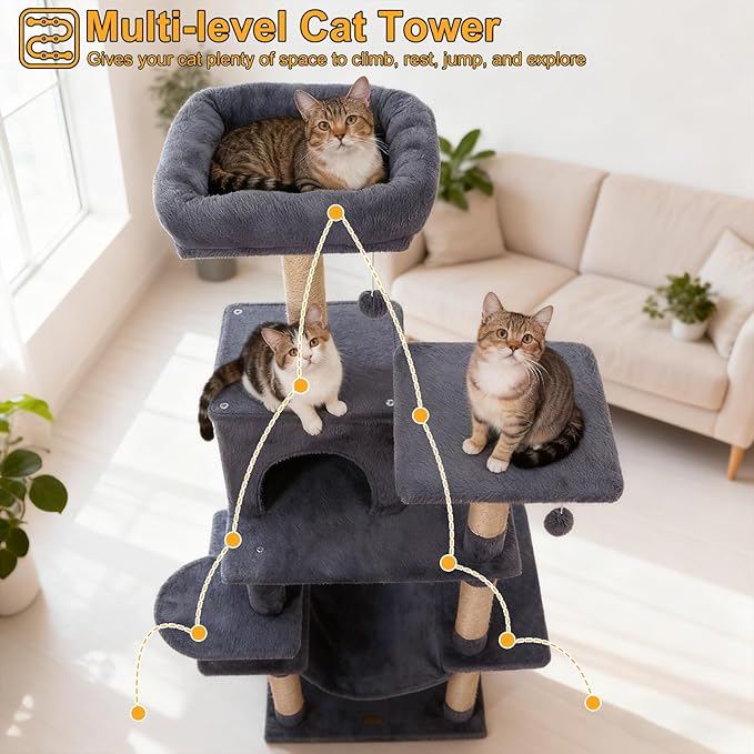 DORTALA Cat Tree for Indoor Cats, 58" Tall Cat Tower with Top Perch, Condo, Hammock, Sisal Scratching Posts, 3 Dangling Balls, Platforms, Multi-Level Pet Climbing Furniture Playground (Grey)