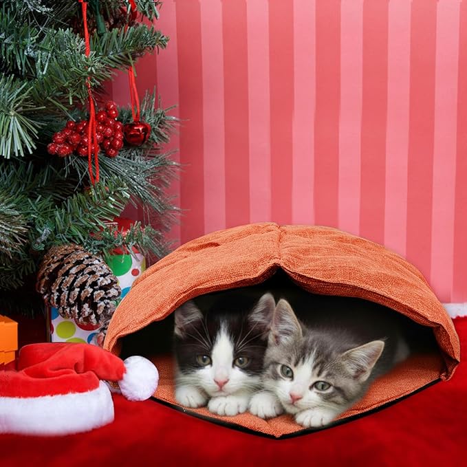 2 Pcs Cat Sleeping Bag, Linen Fabric Nest Cat Bed Cave Leaf Cuddle Covered Pet Hide Cozy Hood Burrowing Zone Soft Durable Washable with Nonslip Bottom for Indoor Puppy and Kitten(Orange)