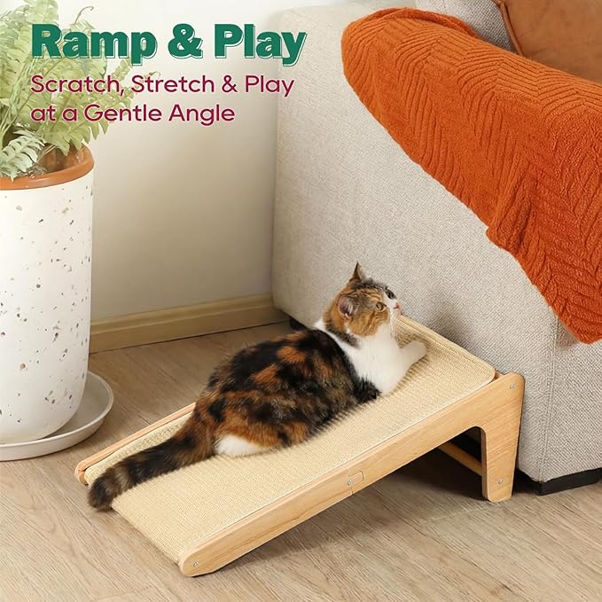 Zakkart L-Shaped Sisal Cat Scratcher, 24.8'' Tall Convertible 70° Vertical Scratching Pad & 20° Ramp Scratcher, Natural Sisal Mat, Solid Wood Frame, Helps Protect Furniture, Easy Assembly (Natural)