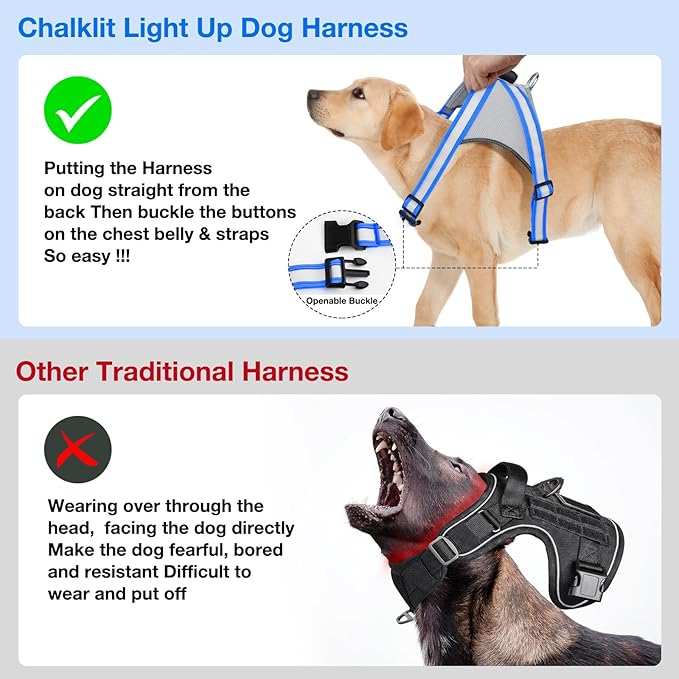 ChalkLit Light Up Dog Harness, No Pull Led Dog Harness Glow-in-The-Dark for Night Walking, USB Rechargeable Lighted Safety Vest for Small Dogs, Adjustable Soft Mesh Fully Illuminated (Blue, Small)