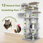78.8" Large Cat Tree Tower for Indoor Kitties, Multi-Level Furniture Activity Center for Tall Cat Condo with Cozy Perches,Sisal Scratching Posts,Hammock and Basket (78.8 inch Light Gray)