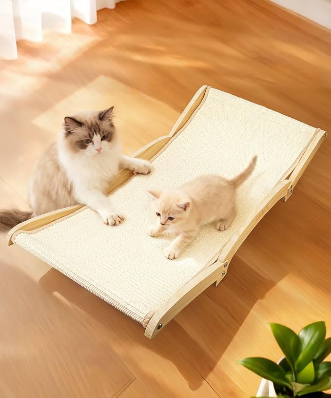 Large Sisal Cat Scratcher Bed with Solid Wood Base, Durable Scratch & Rest 2-in-1, Extra-Wide 28” Anti-Slip Cat Scratch Pad for Indoor Cats