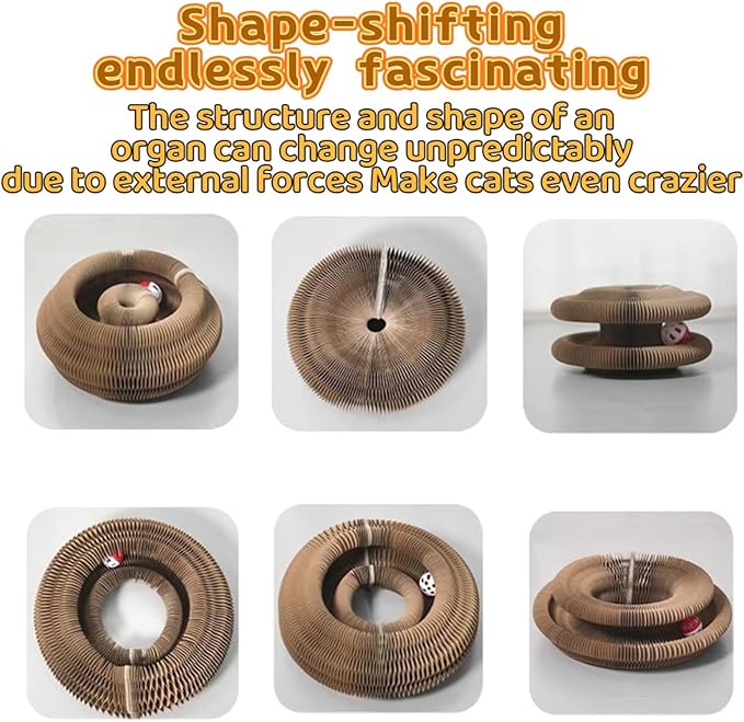 Magnetic Interactive Cat Toy Cardboard Scratcher with 1 Ball for Mental Exercise, Featuring Kitty Kurlz, an Accordion Scratching Board with Twist Paws for Indoor Cats in Gray/Brown