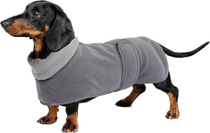 Geyecete Dachshund Sweater, Jacket, and Winter Coat With Padded Fleece Lining, High Collar, Snowsuit With Adjustable Bands - Gray - Size M