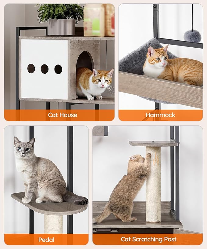 HOOBRO Cat Tree with Litter Box Enclosure, 58.7" H Cat Tower with Hidden Litter Box Furniture, with Scratching Post, Step, Hammock, Multifunctional Pet Furniture with Food Bowls, Greige BG30MZ03G1