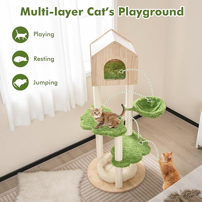Tangkula Cat Tree Tower, Multi-Level Modern Wood Cat Tower with Sisal Scratching Posts, Jumping Platforms, Perch, Hammock, Cute Cat Condo, Tall Cat Tree for Indoor Cats Large Adult (55 Inch)