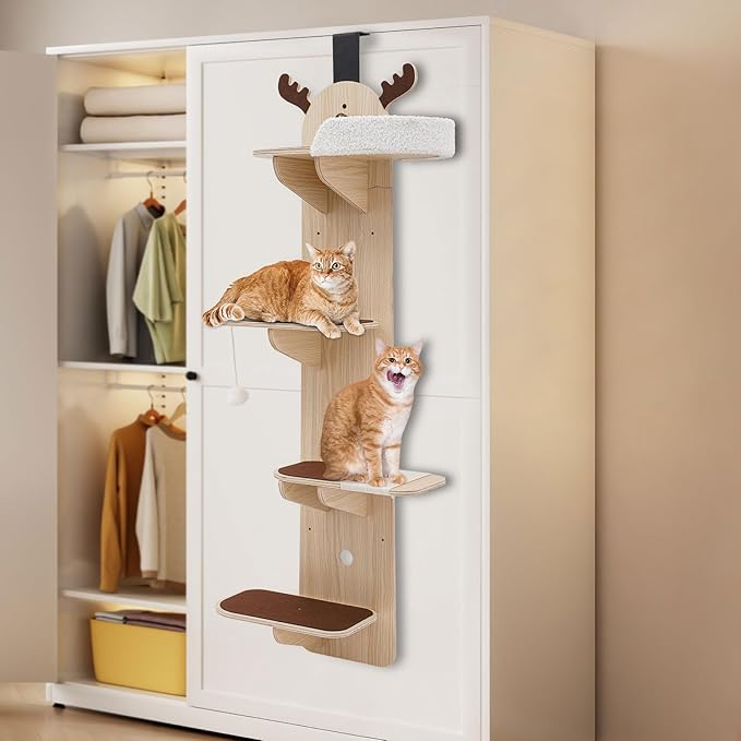Door Hanging Cat Tree,4-Tier Door Mounted Cat Climbing Frame,Cats Tree Hanger Mounted Cats Shelves,Wooden Cat Ladder,Pet Jump Shelf for Stair,Foyer,Living Room,Enclosed Balcony