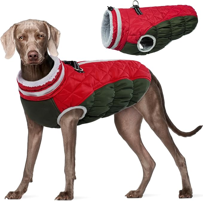 FUAMEY Dog Coat for Large Dogs,Waterproof Dog Winter Jacket with Harness Built in Puppy Cold Weather Coats Reflective Pet Vest with Zipper Warm Fleece Dogs Snowsuit Windproof XXL