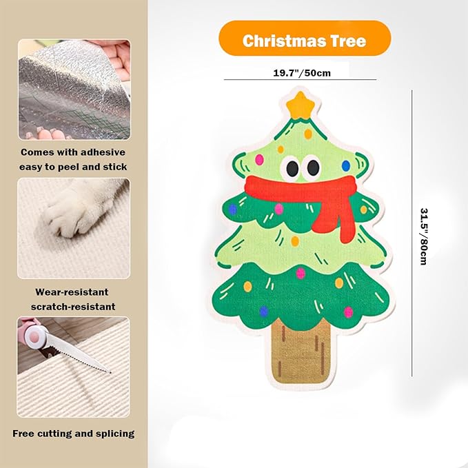 Cartoon Cat Scratching Mat, Cute Wall Cat Scratcher for Christmas, New Year, Pet Scratching Pad with Self-Adhesive Backing, Furniture Protector for Couch Door Sofa Indoor (Christmas Tree)