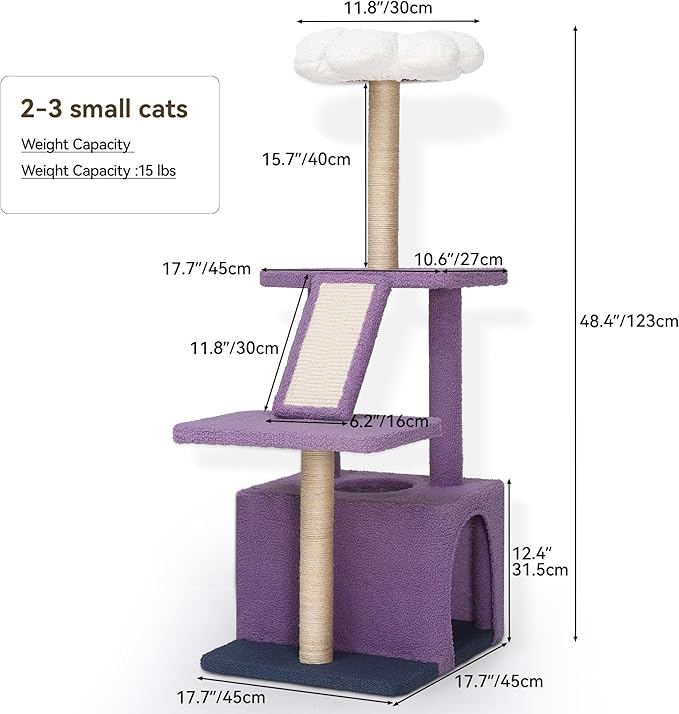 YITAHOME Flower Cat Tree Tower with Detachable Perch, 47.2in Cute Cat Climbing Tower for Indoor Cats with Cat Condo, Sisal Scratching Posts and Board, Purple and White