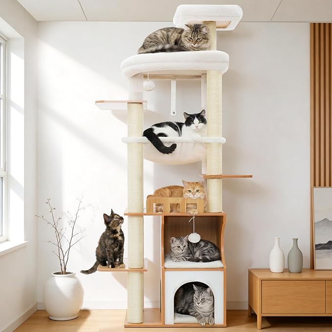 Cat Tree, 70.9 Inch Wood Cat Tower for Large Cats Adult, Modern Cat Furniture with Double-Layer Wooden Cat Condo, 2 Platforms, Large Hammock and Scratching Posts, Walnut GCT102WB