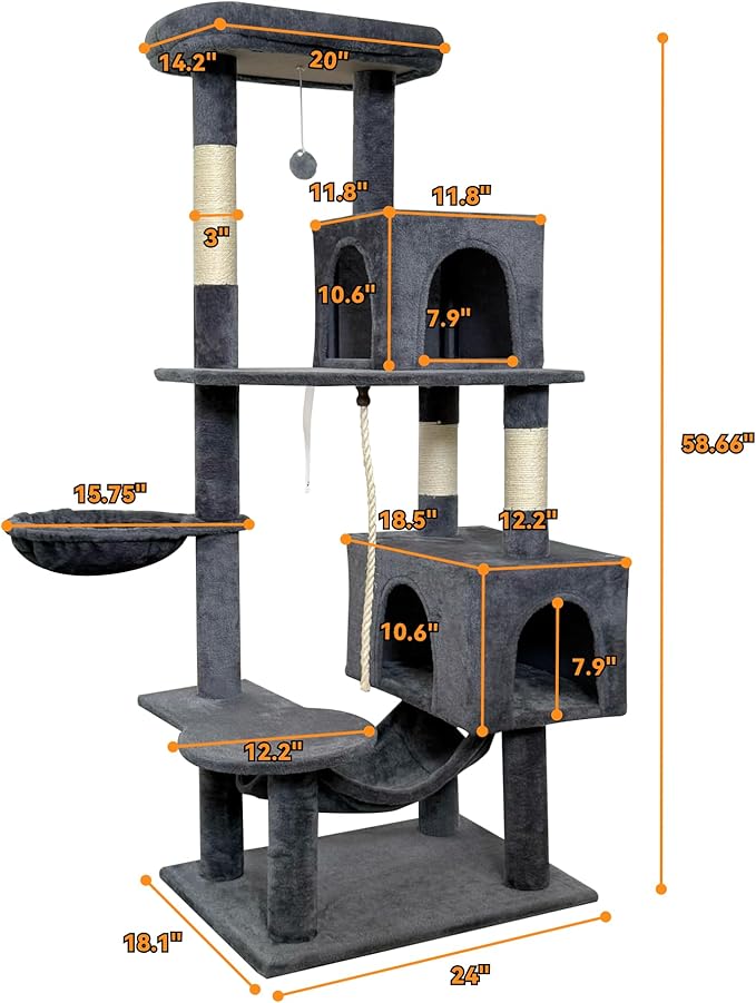 58" cat Tree Tall, Large Multi-Level Cat Condo with Sisal Leaf Scratching Posts, Sturdy Construction Easy Assembly, Indoor Pet Furniture,Gray