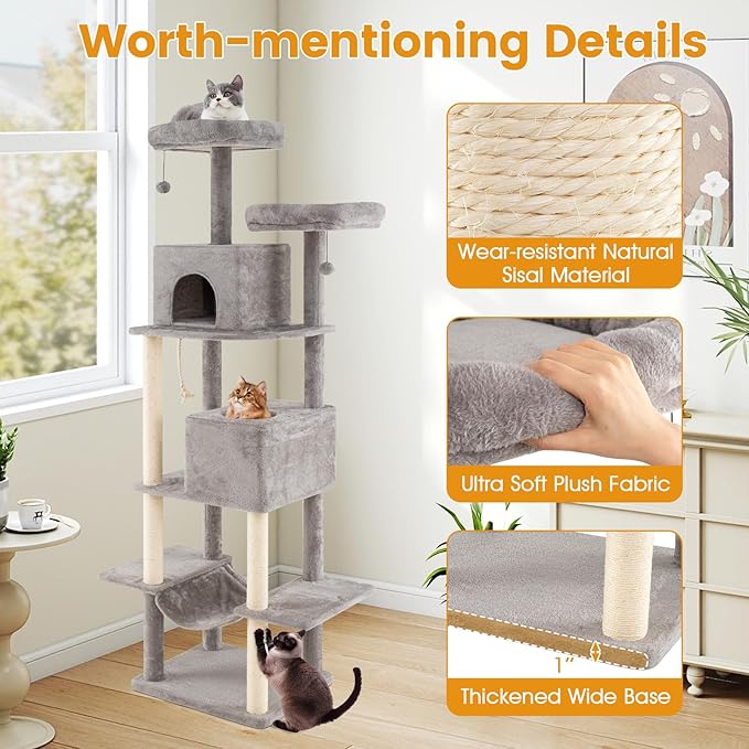 PETSITE 81 Inches Tall Modern Cat Tree, Multi-Level Cat Tower with Sisal Scratching Posts, 2 Private Condos, 2 Hanging Jingling Ball, Hanging Sisal Rope, 2 Top Perches, and Multiple Jumping Platforms
