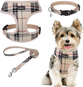 SCENEREAL No Pull Small Dog Harness Collar and Leash Set, Soft Mesh Plaid Puppy Harnesses for Fall Winter, No Chock Pet Vest for Outdoor Walking Training and Running, Beige S