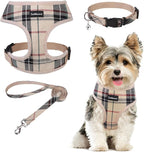 SCENEREAL No Pull Dog Harness Collar and Leash Set for Small Sized Dogs, Soft Mesh Plaid Puppy Harnesses, Pet Vest for Outdoor Walking Training and Running, Beige XS