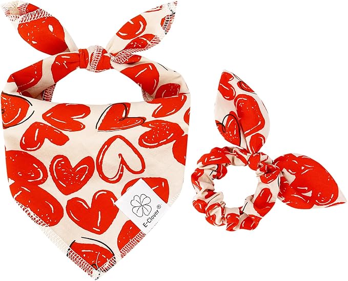 E-Clover Valentine Dog Bandana & Matching Scrunchie-Heart Cute Dog Bandanas Red Pet Scarf Bib for Small Dogs Puppy Girl Boy Owner Mothers Day Mom Gift