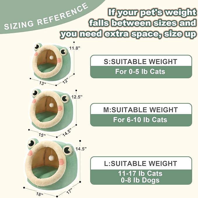 Jiupety Cute Cat Bed, Indoor Lovely Velvet Igloo for Cat, Warm Cave Sleeping Nest Bed for Puppy and Kitten, Green Frog, S
