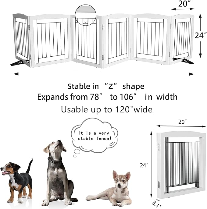 Dog Fence Indoor,Dog Gate Indoor for Doorway pet gate - 6-Panel Freestanding, Hallways, House or Stairs -120x24-Inch Retractable Foldable Expandable Wood Pet by SFJC (White)