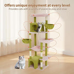 69.7-inch (177cm) Multi-Level Cat Tree with 2 Perches, 2 Condos, 2 Hammocks, Basket & Toy for Indoor Cat Activities (Green + Pink)