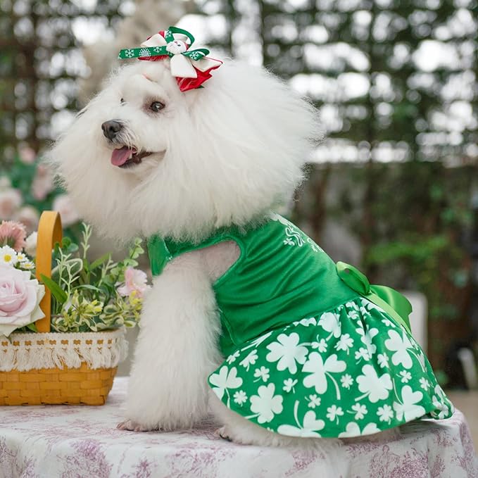 CuteBone St.Patrick's Day Dog Green Dress Velvet for Small Dogs Girl Puppy Dresses Clover Dog Clothes CVA14M-D