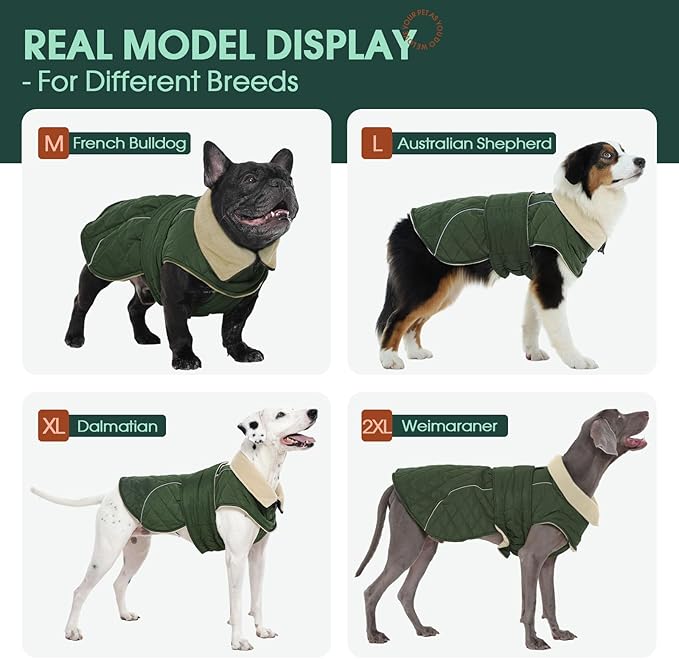 Kuoser Dog Coat, Super-Warm Dog Jacket Windproof Pet Cold Weather Coats for Extra Large Dogs, Fleece Lining Quilted Turtleneck Puppy Snowsuit Reflective Adjustable Doggie Winter Clothes, Green, 2XL