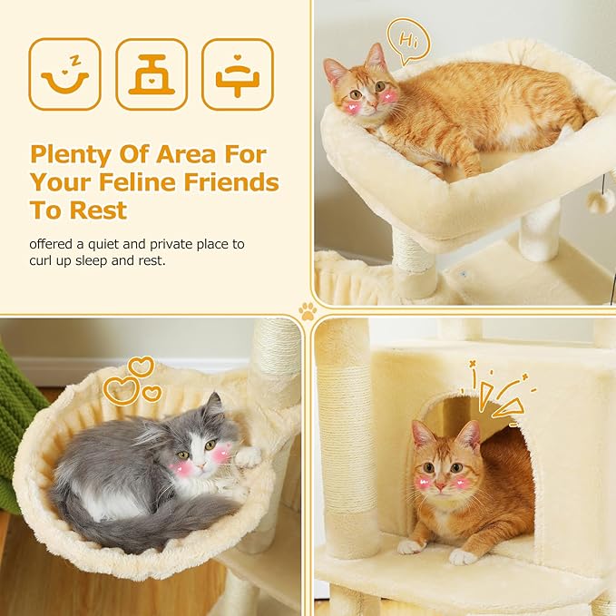 Cat Tree, Multi-Level Cat Tower for Indoor Cats, Cat Climbing Tree Condo with Sisal Covered Scratching Posts, Deep Hammock and Interactive Cat Toy, Beige