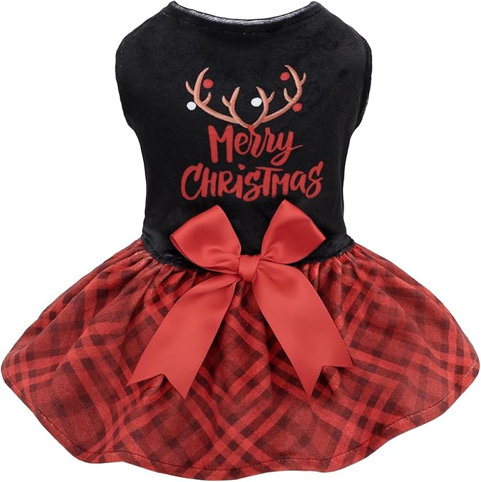 CuteBone Christmas Dog Dresses Velvet Holiday Small Dogs Clothes Onesie Pet Apparel Girl Puppy Skirt with Bow Hair Rope CVA59XS-D