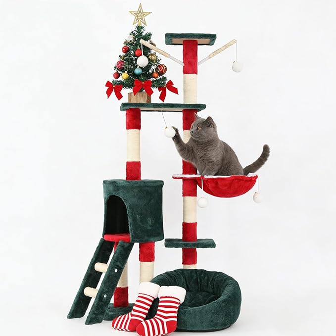 55" Christmas Cat Tree with Cozy Condos, Sisal Scratching Posts & Plush Fabric, Cats Tower with Large Perch Activity Center for Kittens to Adults Cats, Fits Living Room, Bedroom, Apartments