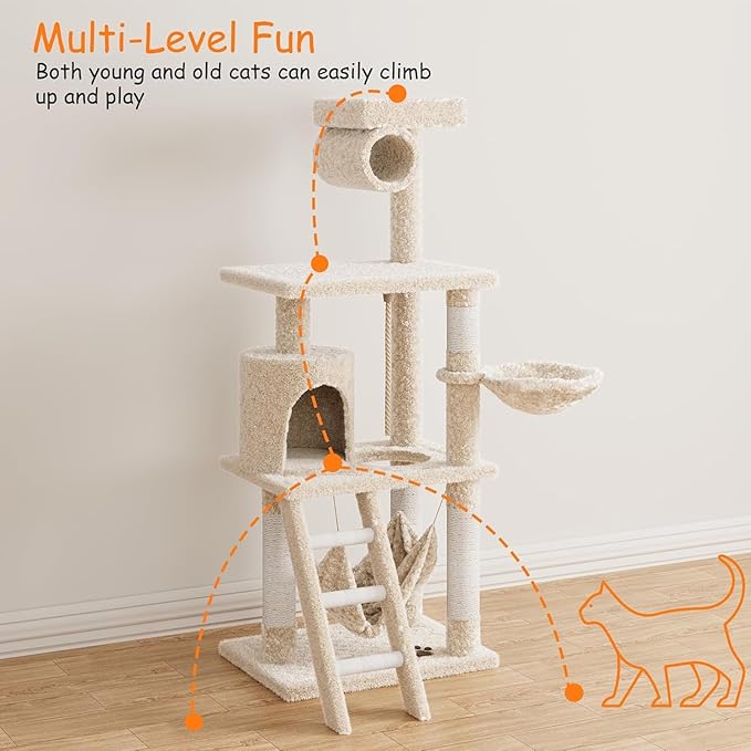 55 Inch Multi-Level Cat Tree Tower with Condo, Plush Perches, Scratching Posts, Hammocks, and Play House, Beige