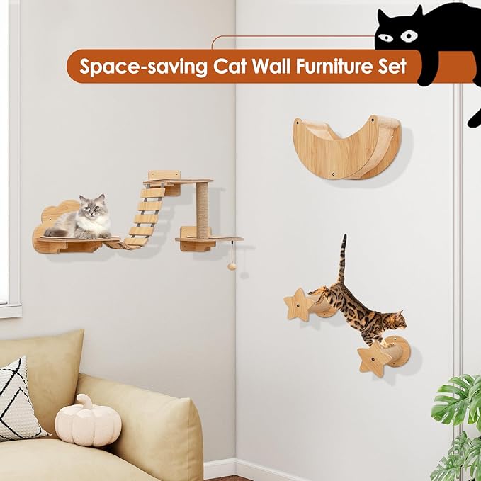 Tangkula Cat Wall Shelves, 6 Pieces Wooden Wall Mounted Kitten Furniture Set with Hammock, Bridge, 2-Step Cat Tree, Platforms, Scratching Posts & Hanging Toy, Modern Cat Climber Steps