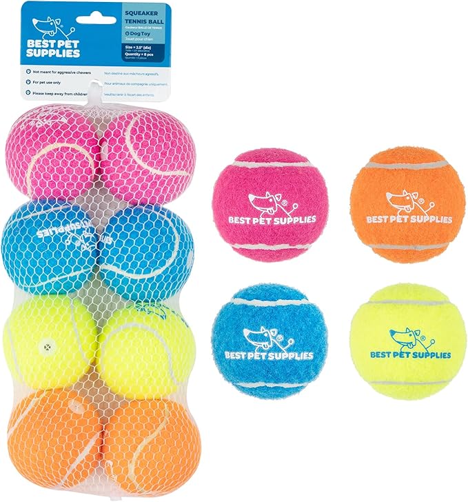 Best Pet Supplies Interactive Squeaky Dog Chew Toy, Ideal Dog Toys for Chewers, Small, Medium & Large Dogs, and Fetch Lovers - Tennis (Assorted Color), Medium (Pack of 8)