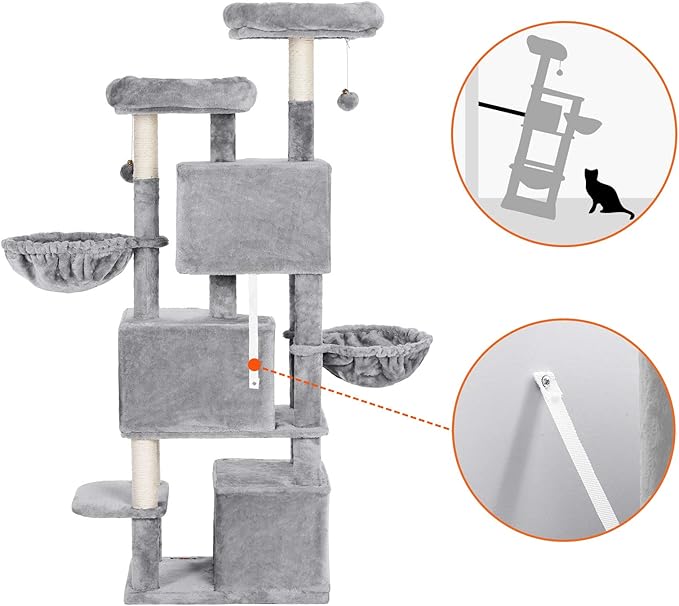 FEANDREA Large Cat Tree with 3 Cat Caves, 164 cm Cat Tower, Light Grey PCT98W