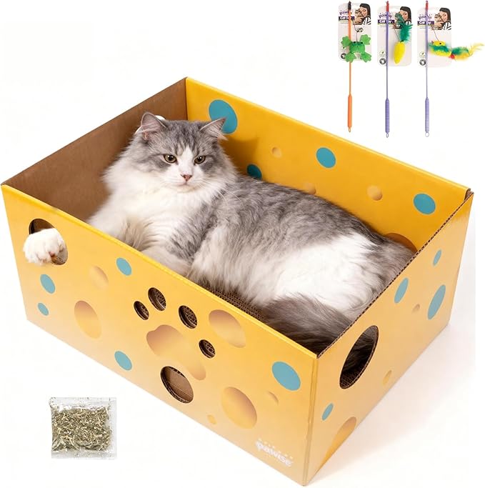 Pawise Heavy Duty Cardboard Cat Scratcher Box with 2 Refillable Scratcher Pads & Peekaboo Holes – Large Cat Scratch Box for Indoor Cats + Bonus Cat Toy Wand