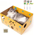 Pawise Heavy Duty Cardboard Cat Scratcher Box with 2 Refillable Scratcher Pads & Peekaboo Holes – Large Cat Scratch Box for Indoor Cats + Bonus Cat Toy Wand