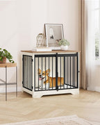 31.9" Dog Crate Furniture with Barn Door, Heavy Duty Dog Kennel Indoor with 2 Doors, Wooden Pet Cage End Table for Small Medium Dogs up to 44 lb, Anti-Chew Anti-Escape, White Brown DFC83614B